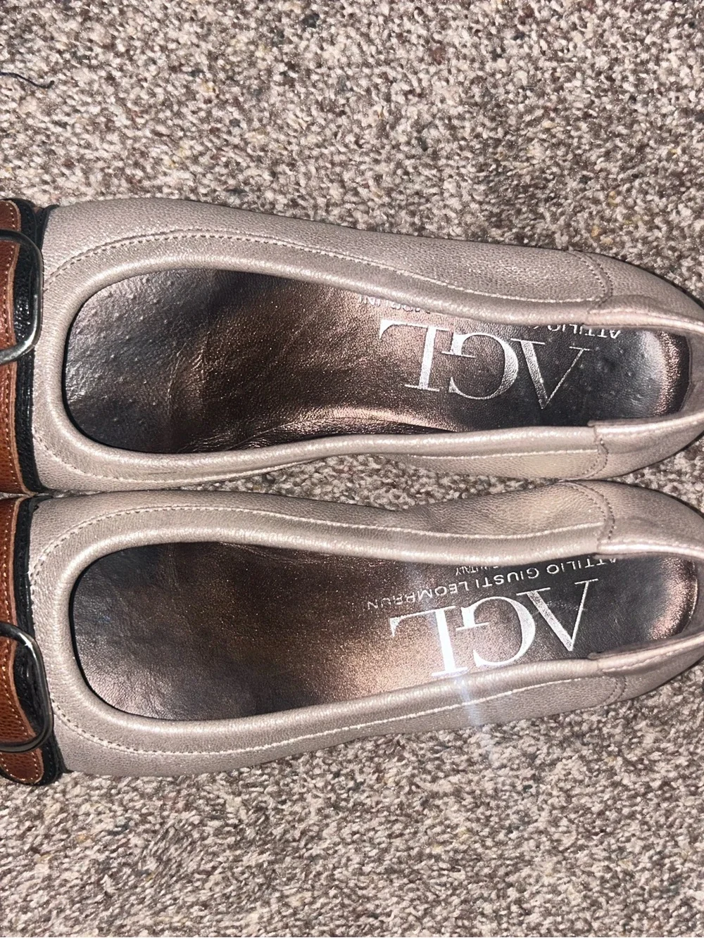 AGL Taupe Leather Flats with Black Patent Cap Toe and Brown Strap Buckle
